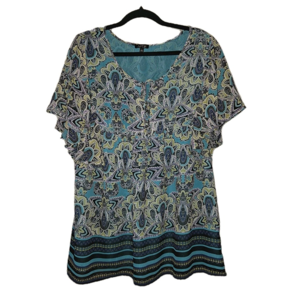 APT 9 Teal Paisley Print Blouse Tie V-Neck Top Women's XL Ruffled Short Sleeves - Picture 1 of 9